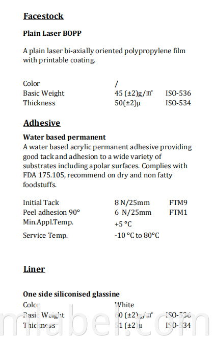 Plain Laser BOPP (TC) Water Based Permanent White Glassine